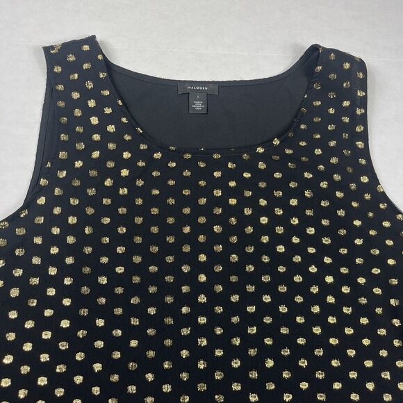 Halogen Tank Top Large NWT Black Gold Metallic Dots Sheer Overlay Dressy Blouse - Picture 4 of 12